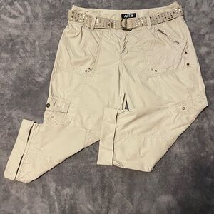 APT.9 Cargo khaki color Belted Capri’s with Button cuffed bottom. Size 10